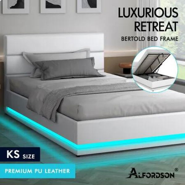 ALFORDSON Bed Frame King Single Size Platform RGB LED Gas Lift Base Storage White