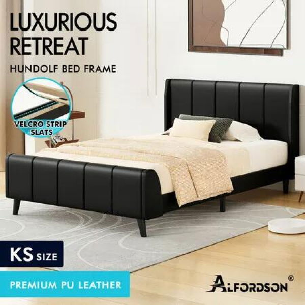 ALFORDSON Bed Frame King Single Tufted Headboard Base Black Leather HUNDOLF