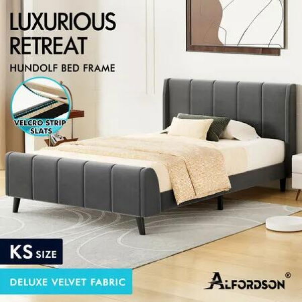 ALFORDSON Bed Frame King Single Tufted Headboard Base Grey Velvet HUNDOLF