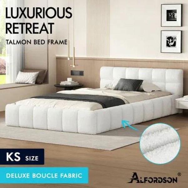 ALFORDSON Bed Frame King Single Tufted Headboard Foundation White Boucle TALMON