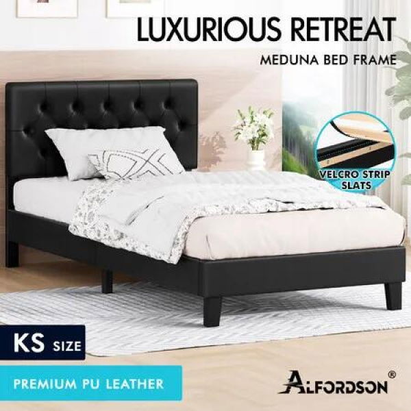 ALFORDSON Bed Frame King Single Tufted Headboard Modern Leather Black Meduna