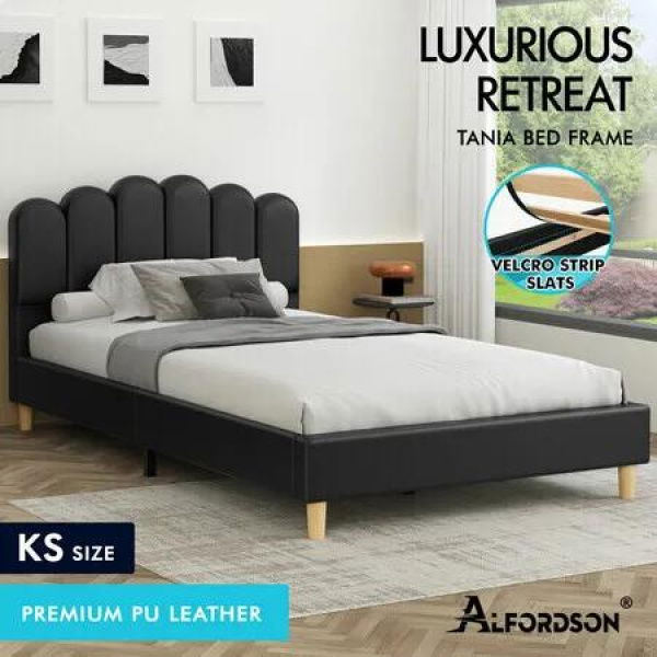 ALFORDSON Bed Frame King Single Upholstered Platform Base Leather Black TANIA