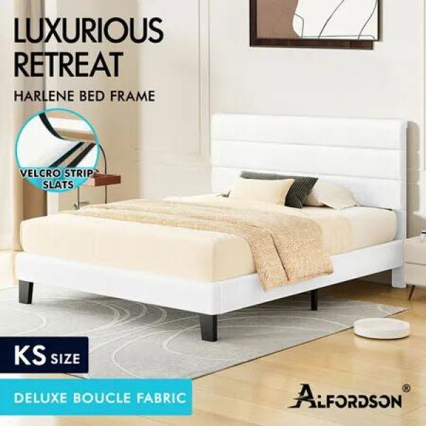 ALFORDSON Bed Frame King Single Upholstered Platform White Boucle HARLENE