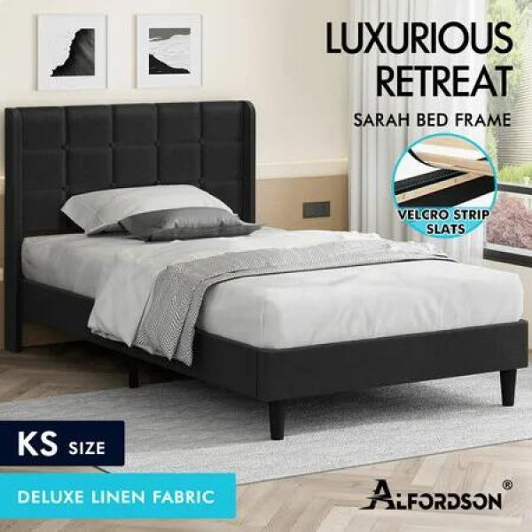 ALFORDSON Bed Frame King Single Upholstered Wingback Base Charcoal Fabric SARAH