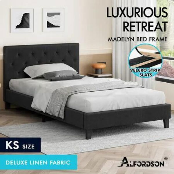 ALFORDSON Bed Frame King Single Wooden Base Platform Fabric Charcoal MADELYN
