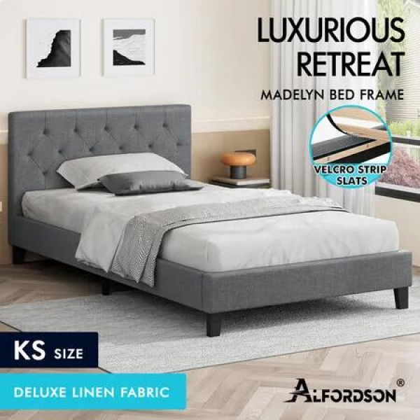 ALFORDSON Bed Frame King Single Wooden Base Platform Grey Fabric MADELYN