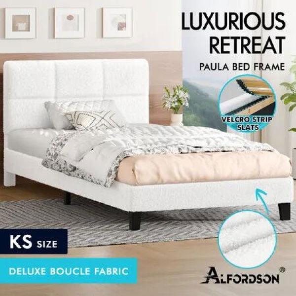 ALFORDSON Bed Frame King Single Wooden Slats Platform Boucle White Paula