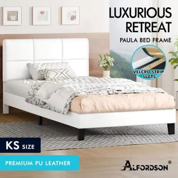 ALFORDSON Bed Frame King Single Wooden Slats Platform Leather White Paula