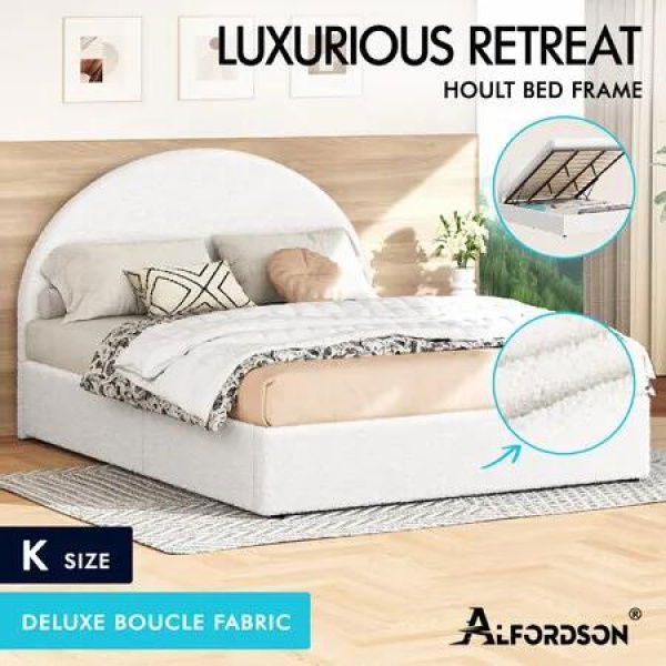 ALFORDSON Bed Frame King Size Arched Base Gas Lift Storage Boucle White Hoult