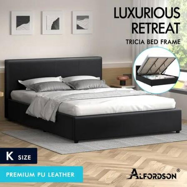 ALFORDSON Bed Frame King Size Gas Lift Storage Base Black Leather CALLA