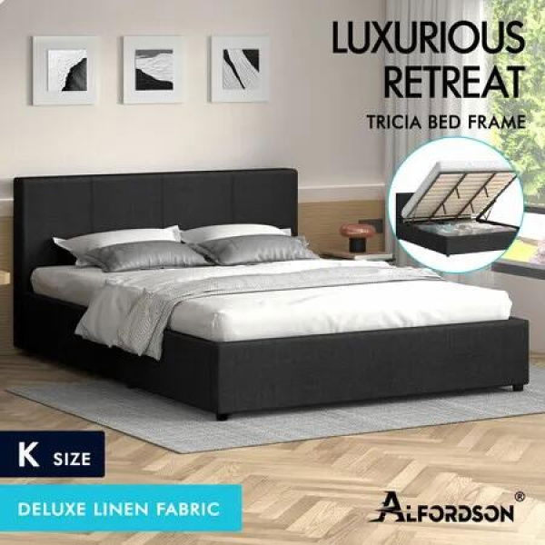ALFORDSON Bed Frame King Size Gas Lift Storage Base Fabric Charcoal TRICIA