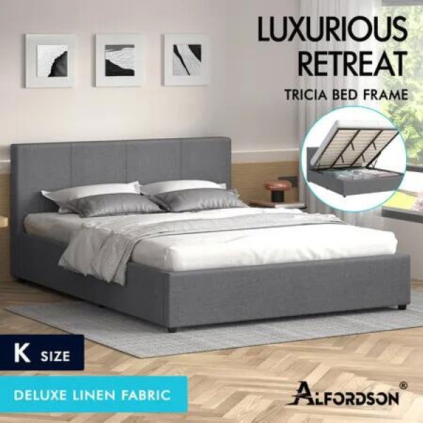 ALFORDSON Bed Frame King Size Gas Lift Storage Base Grey Fabric CALLA