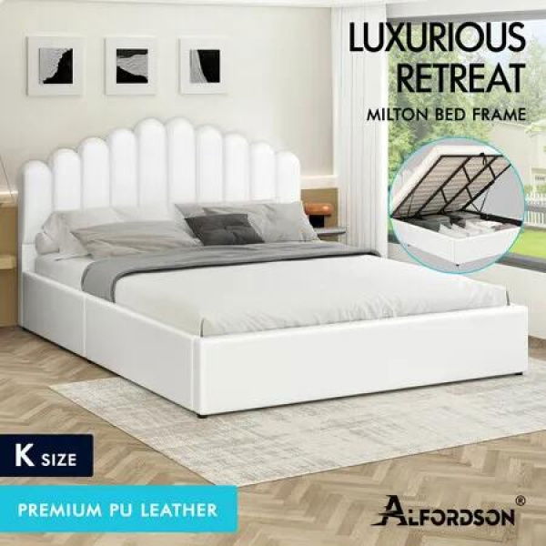 ALFORDSON Bed Frame King Size Gas Lift Storage Base Wooden White MILTON
