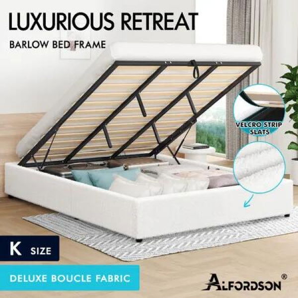 ALFORDSON Bed Frame King Size Gas Lift Storage Mattress Base Boucle BARLOW