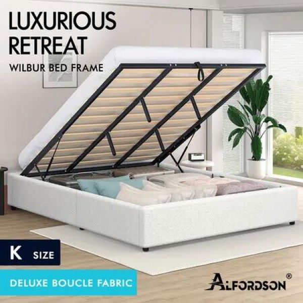 ALFORDSON Bed Frame King Size Gas Lift Storage Mattress Base Boucle WILBUR