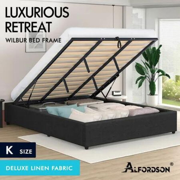 ALFORDSON Bed Frame King Size Gas Lift Storage Mattress Base Charcoal WILBUR