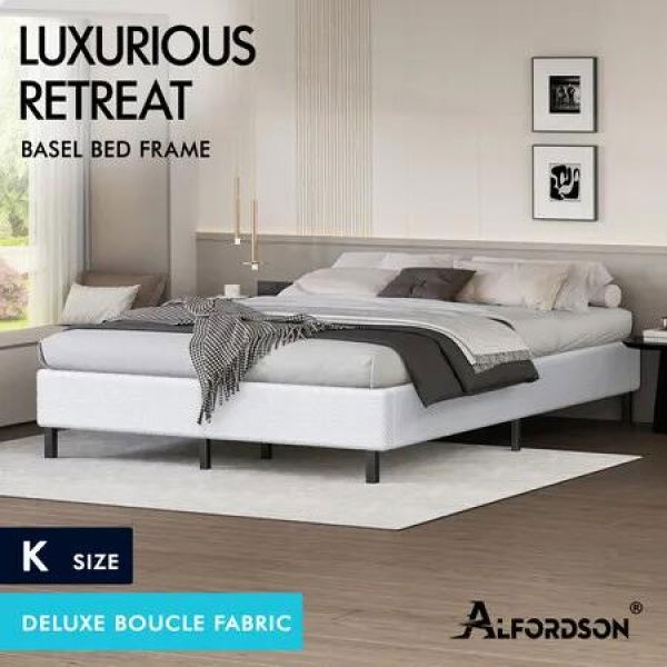 ALFORDSON Bed Frame King Size Mattress Base Foundation White Boucle BASEL