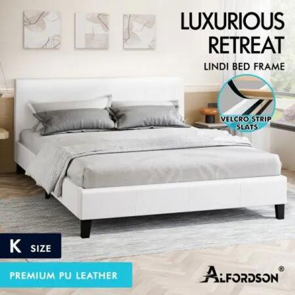 ALFORDSON Bed Frame King Size Mattress Base Wooden Platform Leather White