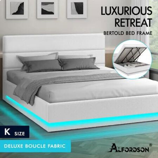 ALFORDSON Bed Frame King Size Platform RGB LED Gas Lift Base Storage Boucle