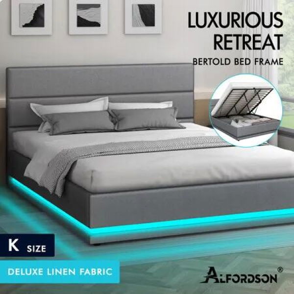 ALFORDSON Bed Frame King Size Platform RGB LED Gas Lift Base Storage Grey