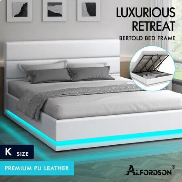 ALFORDSON Bed Frame King Size Platform RGB LED Gas Lift Base Storage White