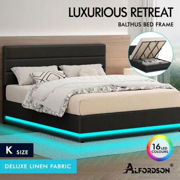 ALFORDSON Bed Frame King Size Platform RGB LED Gas Lift Storage Base Charcoal