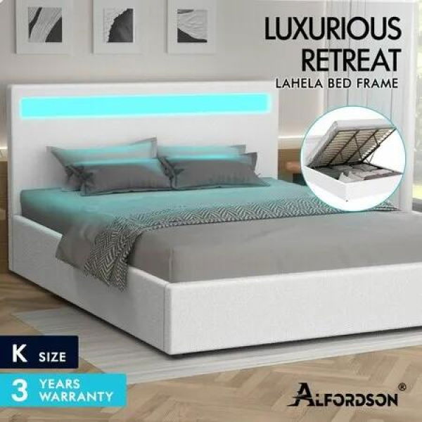 ALFORDSON Bed Frame King Size RGB LED Gas Lift Base Platform Storage Boucle