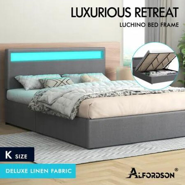 ALFORDSON Bed Frame King Size RGB LED Gas Lift Storage Base Fabric Grey LUCHINO