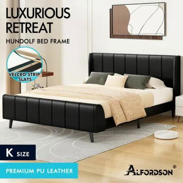 ALFORDSON Bed Frame King Size Tufted Headboard Base Black Leather HUNDOLF