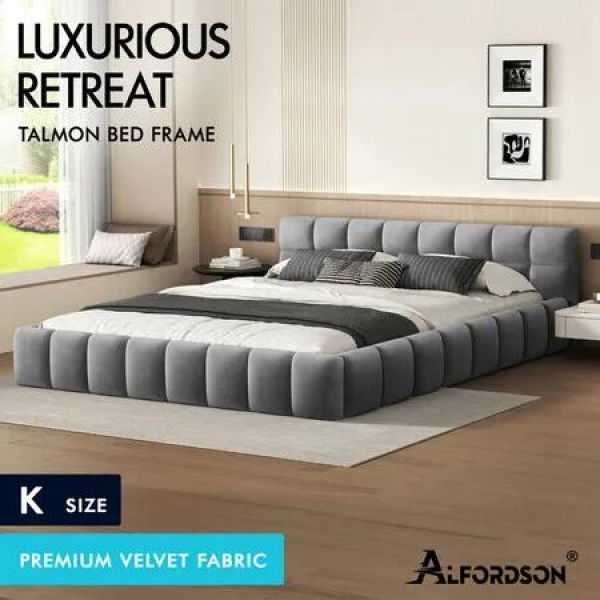 ALFORDSON Bed Frame King Size Tufted Headboard Foundation Grey Velvet TALMON