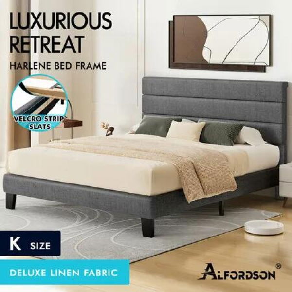ALFORDSON Bed Frame King Size Upholstered Platform Grey Fabric HARLENE