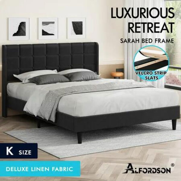 ALFORDSON Bed Frame King Size Upholstered Wingback Base Charcoal Fabric SARAH