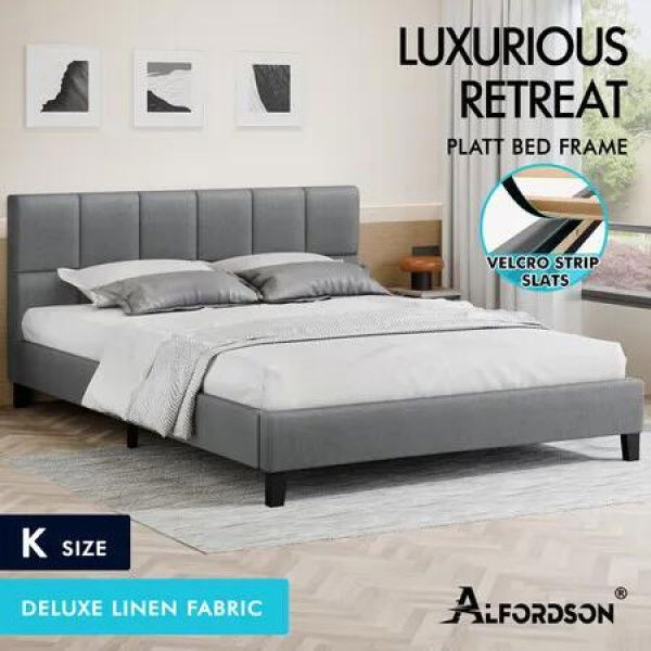 ALFORDSON Bed Frame King Size Wooden Platform Mattress Base Fabric Grey