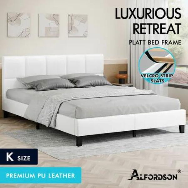 ALFORDSON Bed Frame King Size Wooden Platform Mattress Base Leather White