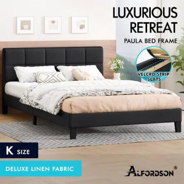 ALFORDSON Bed Frame King Size Wooden Slats Platform Fabric Charcoal Paula