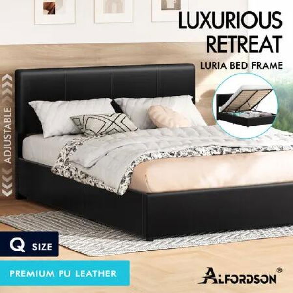 ALFORDSON Bed Frame Queen Gas Lift Storage Adjustable Headboard Black LURIA