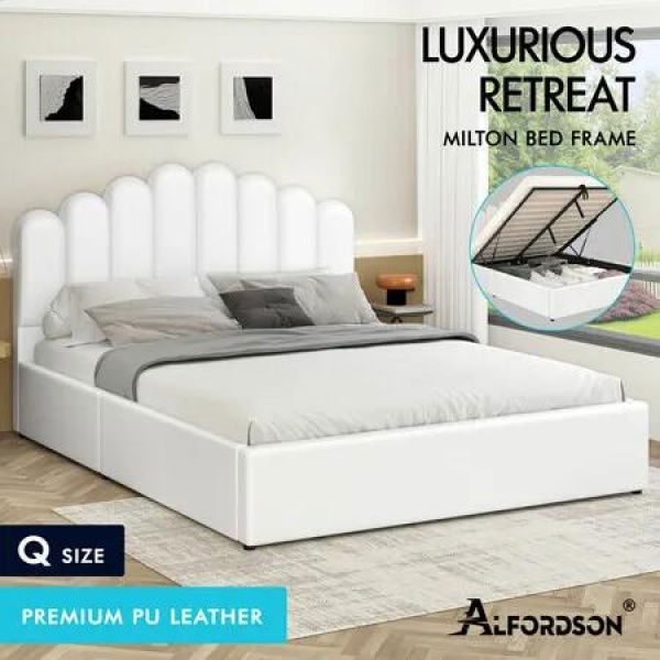 ALFORDSON Bed Frame Queen Size Gas Lift Storage Base Wooden White MILTON