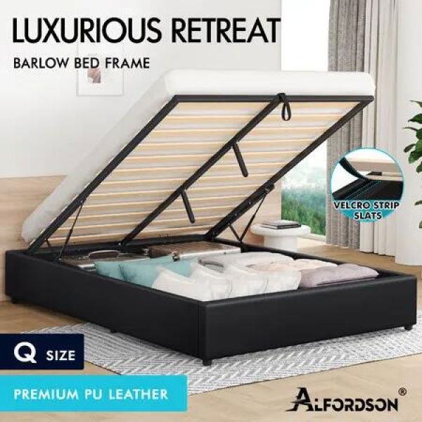 ALFORDSON Bed Frame Queen Size Gas Lift Storage Mattress Base Black BARLOW