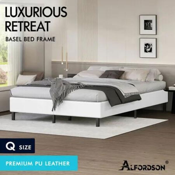ALFORDSON Bed Frame Queen Size Mattress Base Foundation White Leather BASEL