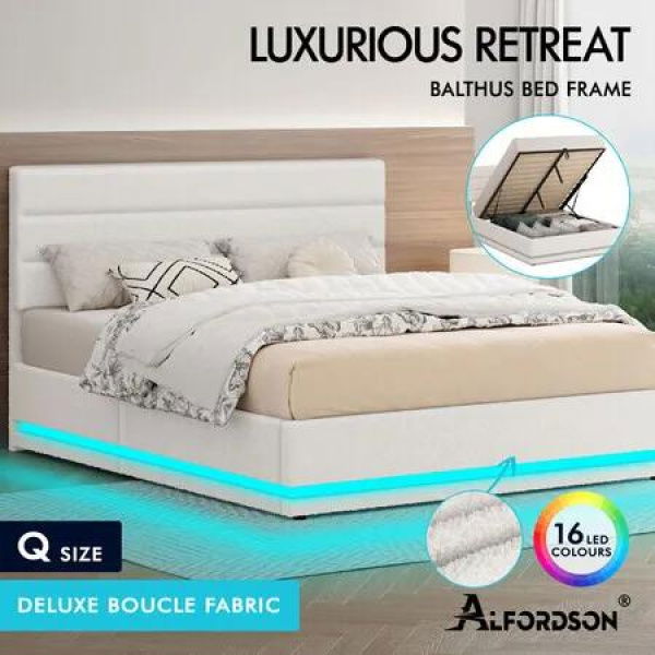 ALFORDSON Bed Frame Queen Size Platform RGB LED Gas Lift Base Storage Boucle