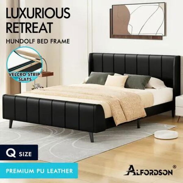 ALFORDSON Bed Frame Queen Size Tufted Headboard Base Black Leather HUNDOLF