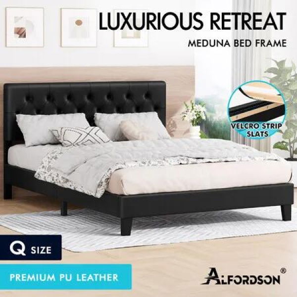 ALFORDSON Bed Frame Queen Size Tufted Headboard Modern Leather Black Meduna