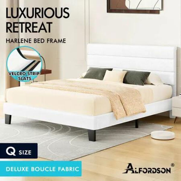 ALFORDSON Bed Frame Queen Size Upholstered Platform White Boucle HARLENE