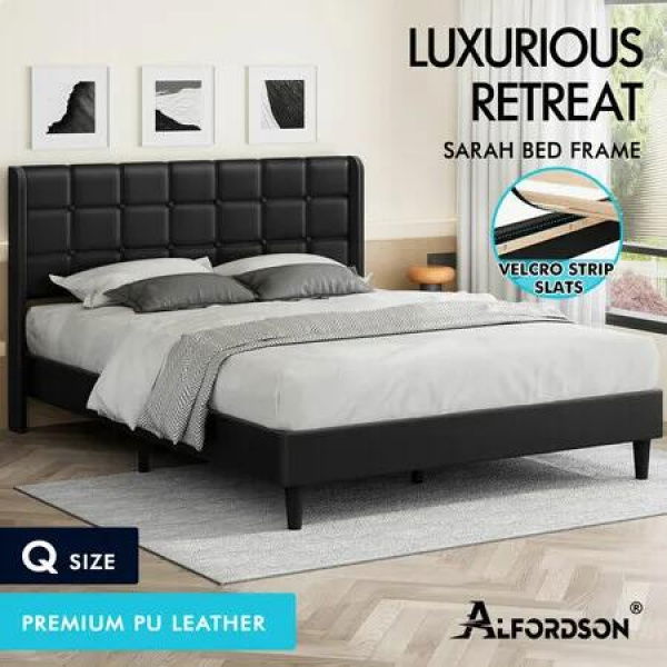 ALFORDSON Bed Frame Queen Size Upholstered Wingback Base Black Leather SARAH