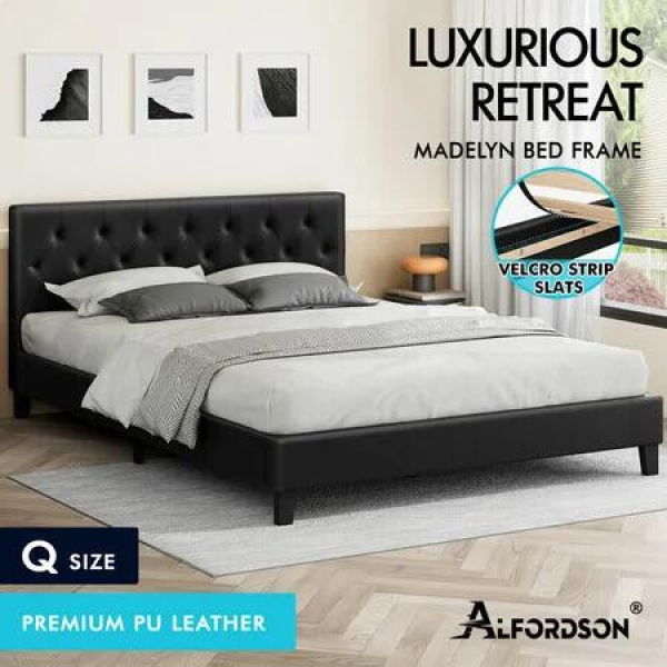 ALFORDSON Bed Frame Queen Size Wooden Base Platform Leather Black MADELYN