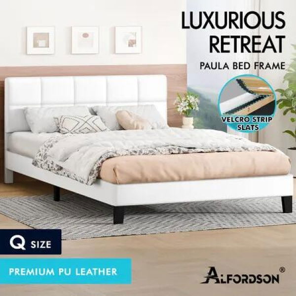 ALFORDSON Bed Frame Queen Size Wooden Slats Platform Leather White Paula