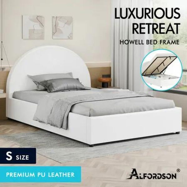 ALFORDSON Bed Frame Single Size Gas Lift Base With Storage White Leather HOWELL