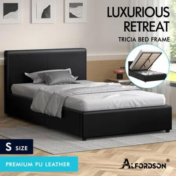 ALFORDSON Bed Frame Single Size Gas Lift Storage Base Black Leather CALLA