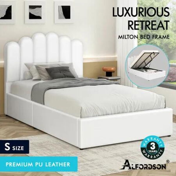 ALFORDSON Bed Frame Single Size Gas Lift Storage Base Wooden White MILTON