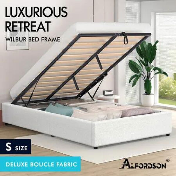 ALFORDSON Bed Frame Single Size Gas Lift Storage Mattress Base Boucle WILBUR